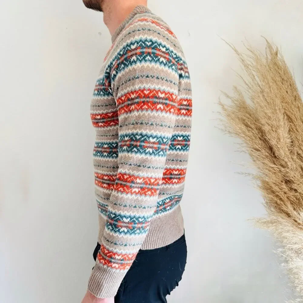 MENS J CREW Beige Tan Blue Fair Isle Wool Stripe Crew $228 Pullover Sweater S